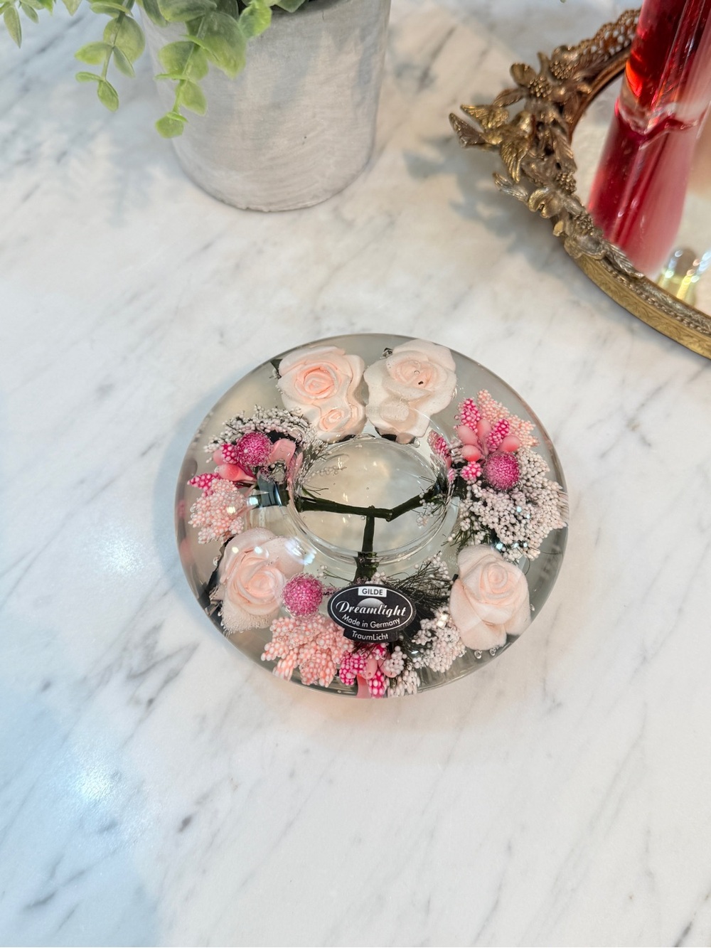 Gilde Dreamlight Glass Candle Holder with Flowers "Little Rose' Made in Germany - Picture 11 of 15